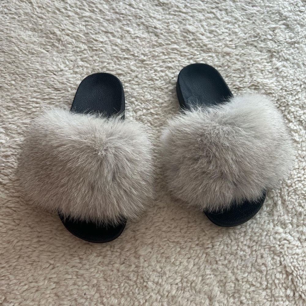 Grey fur slides real fur slippers size 9.5/10